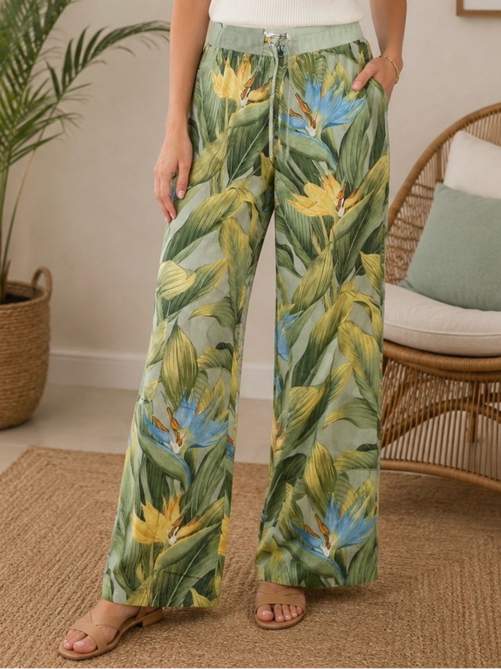 Tommy Bahama Green Tropical Leaf & Floral Wide-Leg Pants silk and linen